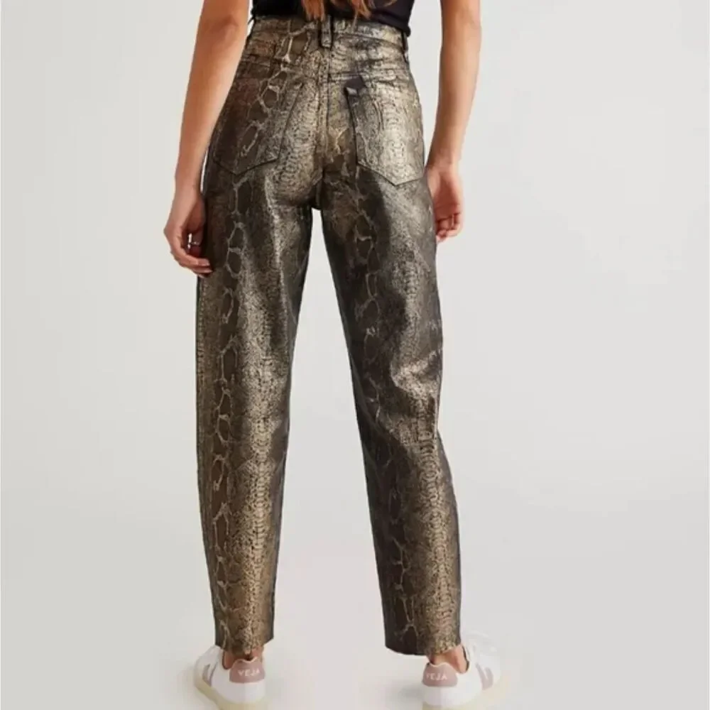 Free People Crvy‎ Georgina Pants Women Size 25 Gold Foil Straight Leg Snake Club